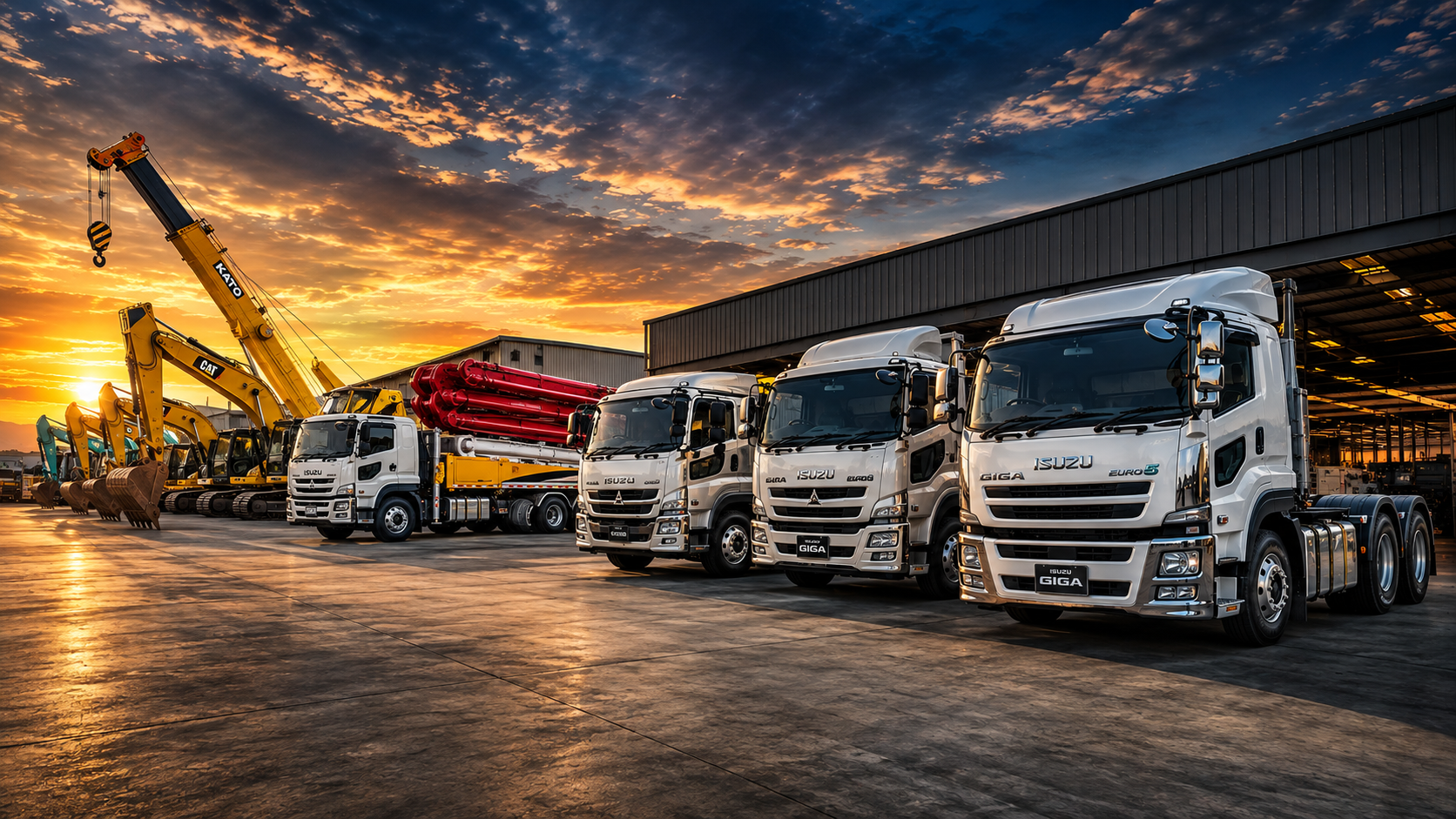 TWINS HK fleet of Japan surplus Isuzu Giga tractor heads, Fuso trucks, CAT excavators and Kato cranes lined up at sunset